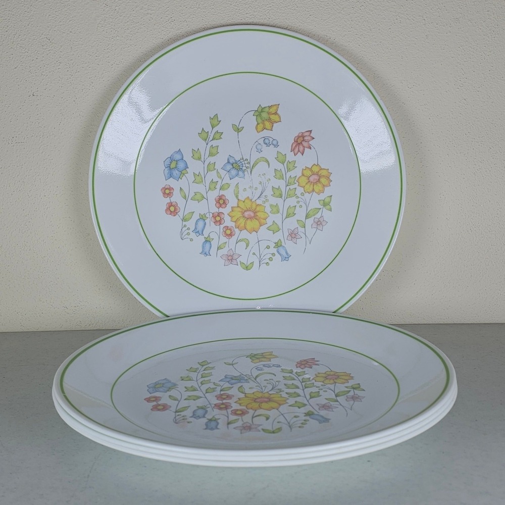 4 Corelle MEADOW Pattern 10.25" Dinner Plates Vintage 1970's Corning